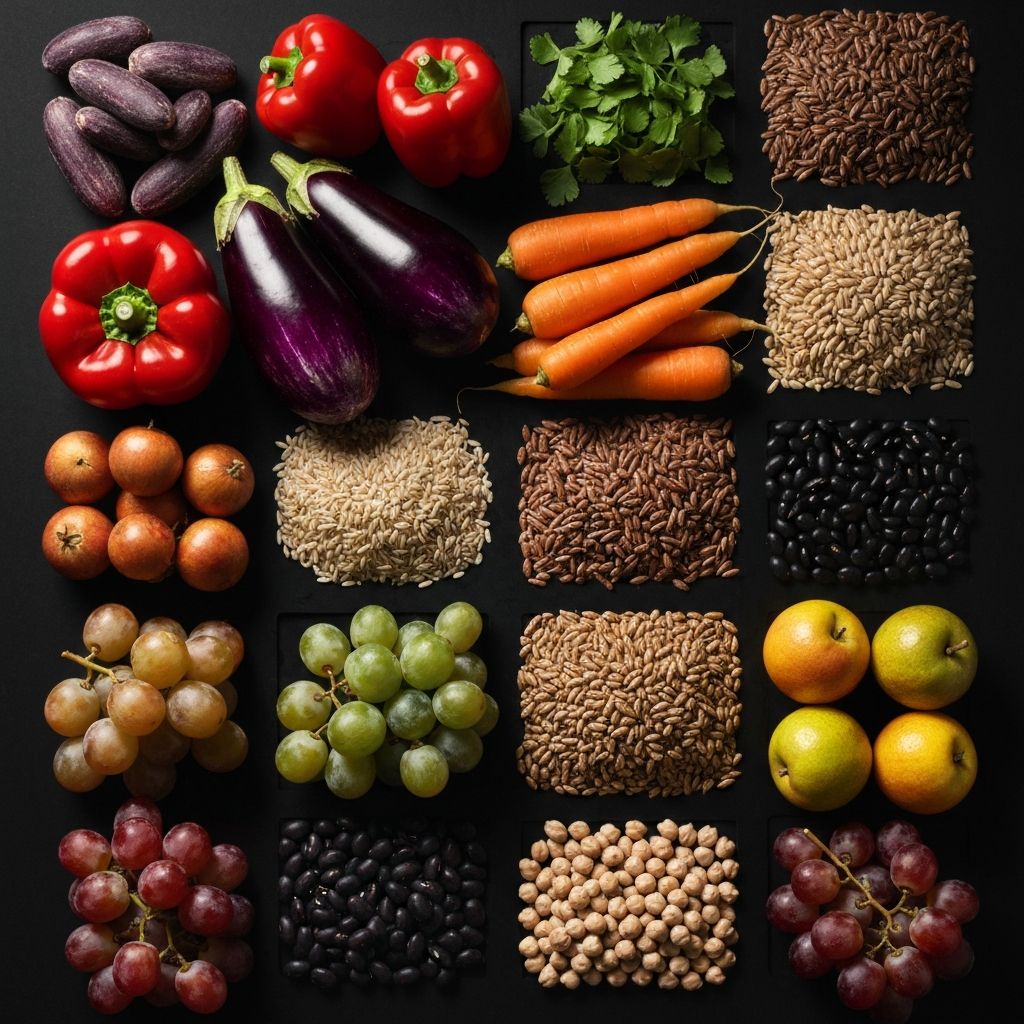 A structured flat lay of whole natural foods representing dietary variety including vegetables, fruits and grains
