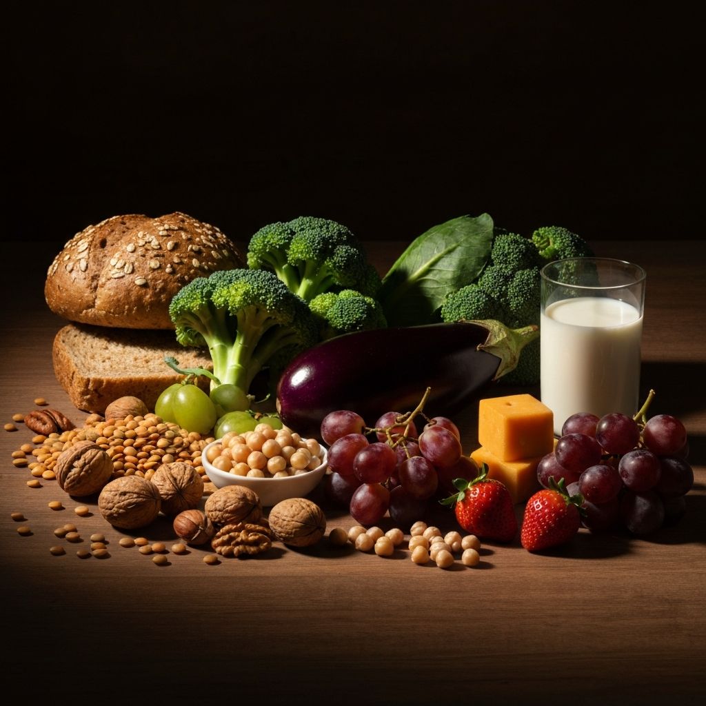 An arrangement of representative foods from multiple food groups on a wooden surface