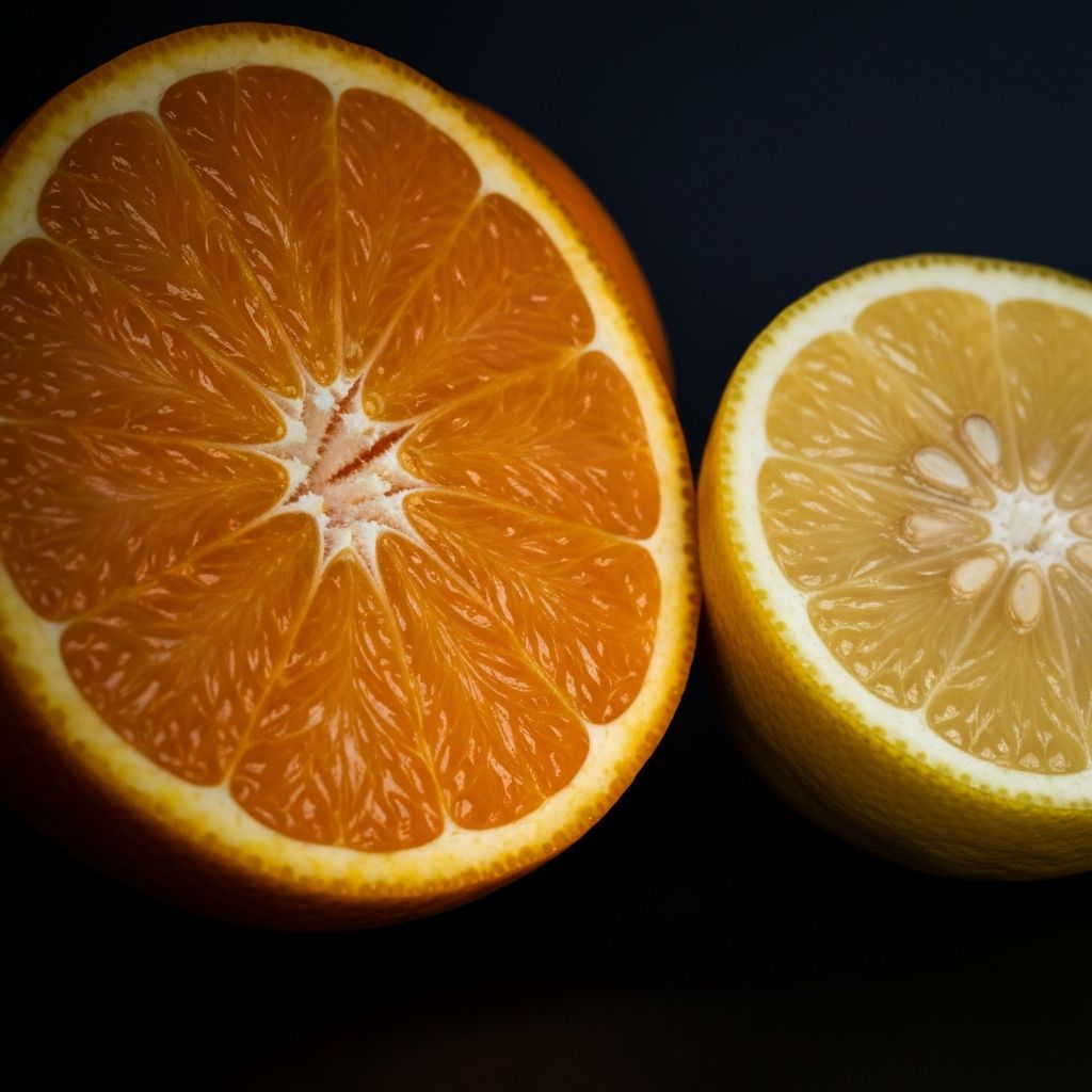 Fresh citrus fruits cut open showing rich interior texture and color