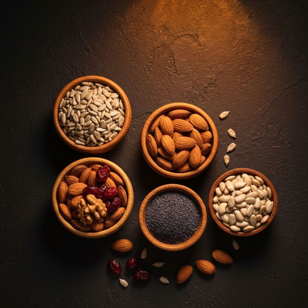 Mixed nuts and seeds in small wooden bowls on a dark textured surface